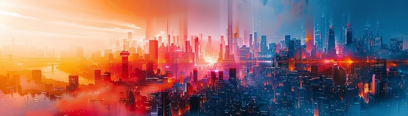 Obraz premium Abstract cityscape at sunset with red, orange, and blue hues.