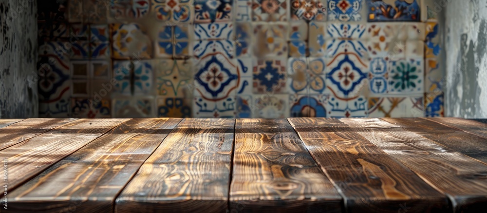 Aufkleber An empty wooden table presents a versatile display area against a vintage tile backdrop, ideal for showcasing products with ample copy space image.