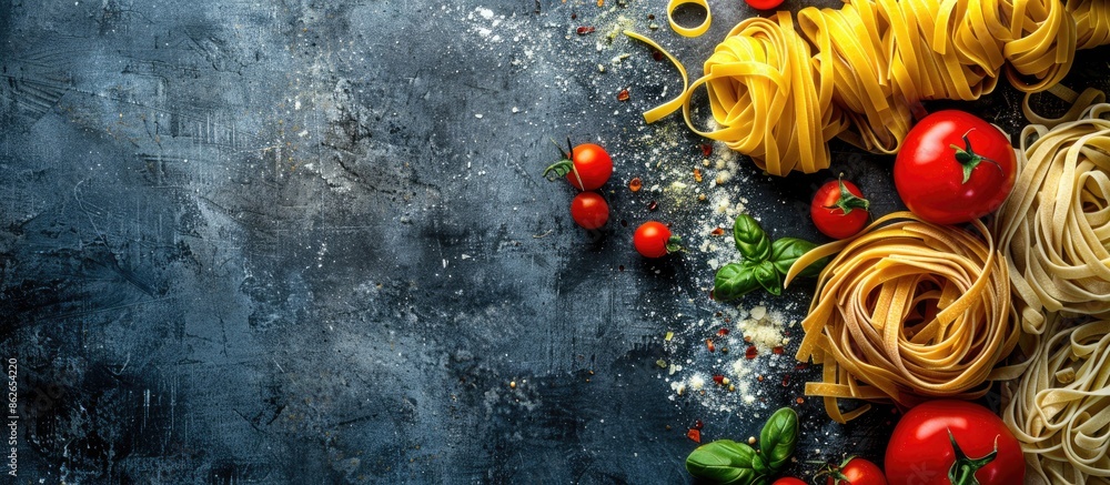 Poster Top down view of different types of pasta on a dark concrete backdrop, ideal for a cooking concept, with ample space for adding text or images.