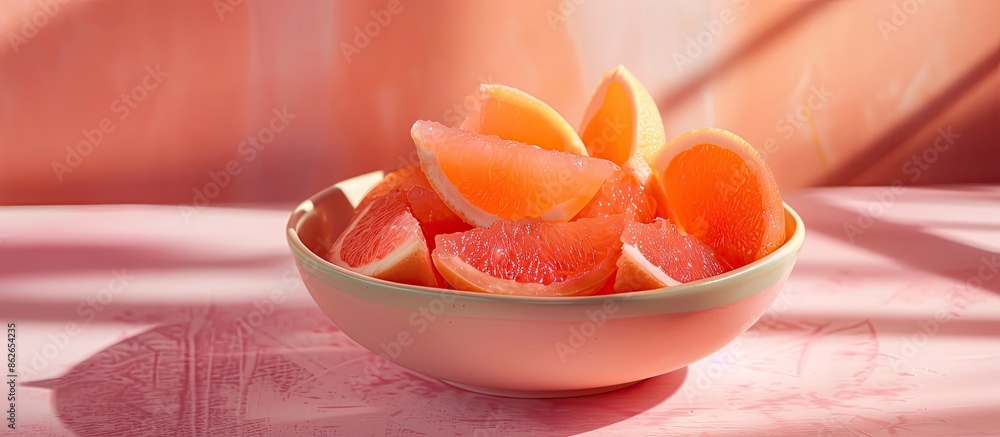 Poster Composition featuring grapefruit jelly in a bowl on a bright table, with a vacant area for text in the image. Copy space image. Place for adding text and design