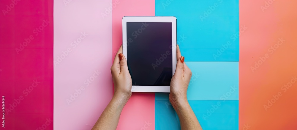 Leinwandbilder hands holding a modern tablet on a colorful backdrop with copy space image.