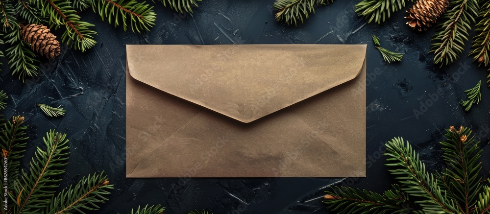 Poster Top view photograph of a Christmas-themed border against a dark backdrop featuring fresh fir branches and a kraft paper envelope. Season's Greetings with space for text or graphics. Copy space image