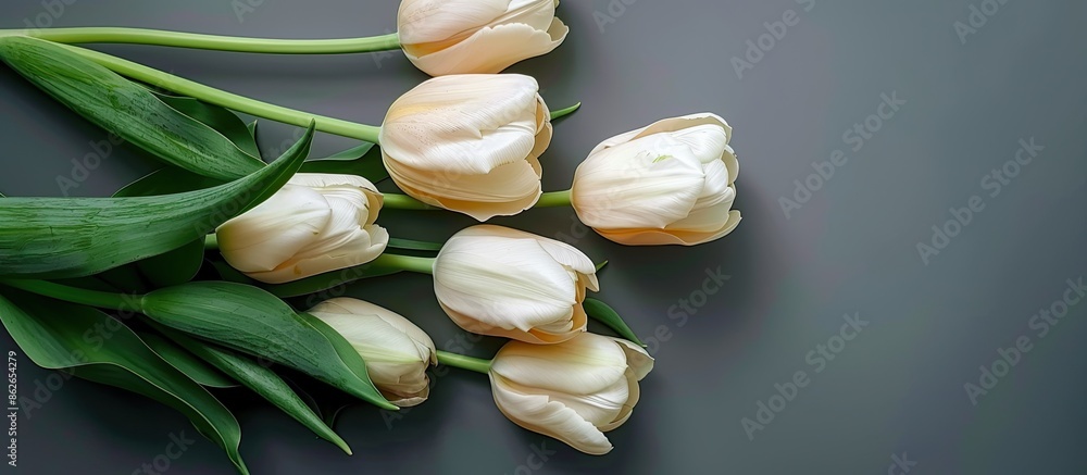 Poster top view of a stunning bouquet of fresh cream tulips, ideal for a spring-themed concept, flat lay st