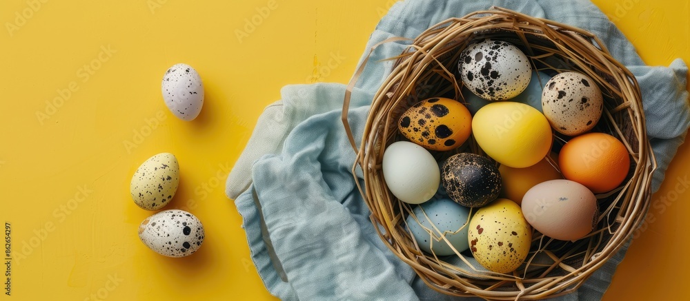 Aufkleber Top view of Easter and quail eggs in various colors in a wicker basket on a stylish napkin against a yellow backdrop in a flat lay style with copy space image.