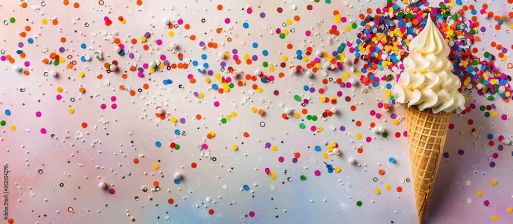 Poster colorful party cone and confetti arranged on a bright backdrop with ample copy space image.