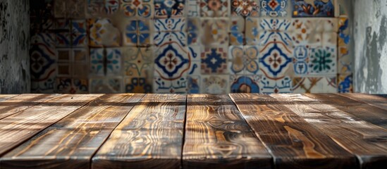 Obraz premium An empty wooden table presents a versatile display area against a vintage tile backdrop, ideal for showcasing products with ample copy space image.