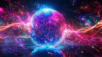 Neon Energy Sphere Surrounded by Dynamic Particles