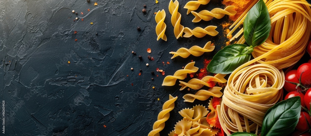 Poster cooking concept showcasing different types of pasta with a copy space image.
