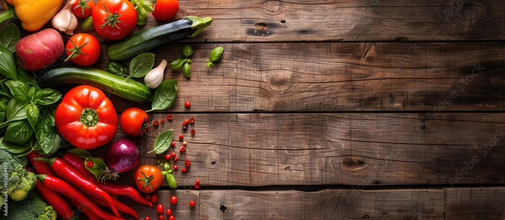 Aufkleber Various vegetables displayed on a wooden table from a top view perspective with room for a caption in the image. Copy space image. Place for adding text and design