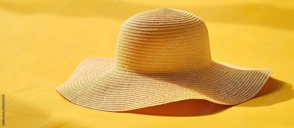 Aufkleber Straw hat on a sunny yellow backdrop with a matching mat, ideal for showcasing text or images in a summer accessories theme. Copy space image. Place for adding text and design