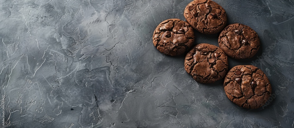 Leinwandbilder Chocolate cookies with a grey background, leaving empty space for text or other elements in the image. Copy space image. Place for adding text and design