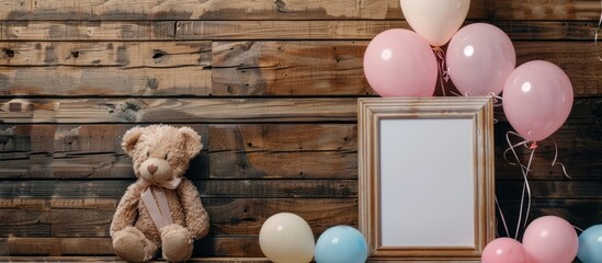 Wooden background with a blank picture frame for a baby shower, creating a charming copy space image.