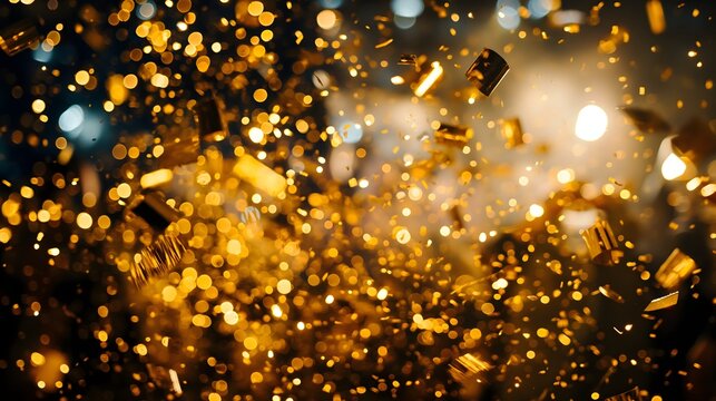 5. A conceptual image of golden confetti raining down on a jubilant crowd, celebrating the announcement of winners in a festive raffle event, capturing the joy and exhilaration of victory.