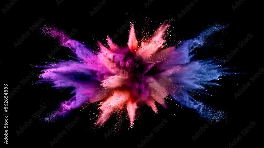 Poster colorful explosion of vibrant powders on black background. abstract and dynamic design element. perf