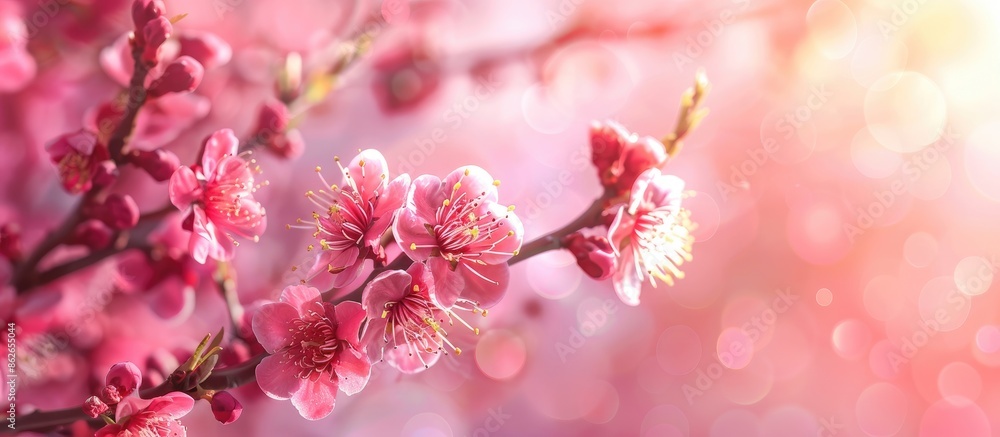 Aufkleber Plum tree branch in full bloom with blurred background - copy space image.
