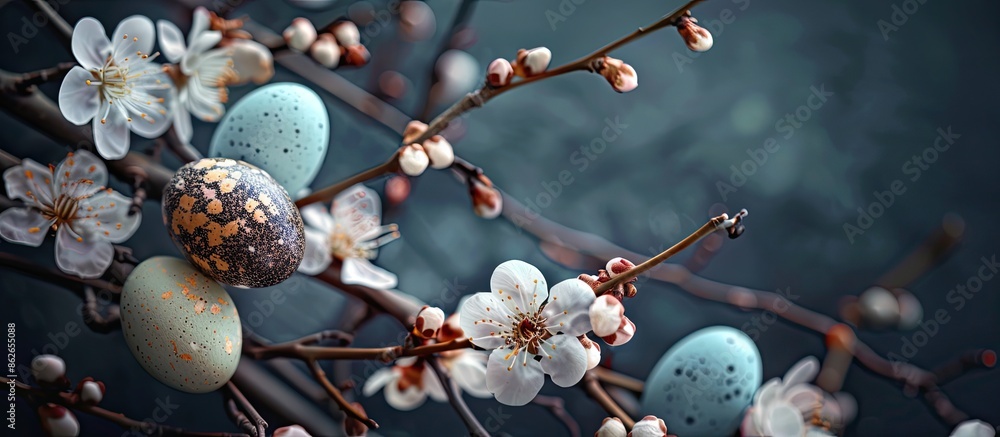 Poster Easter eggs nestle among blossoming branches against a dark backdrop with room for text or a picture. Copy space image. Place for adding text and design