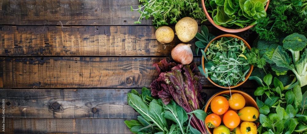 Poster a top-down view of freshly harvested vegetables and herbs from a local farm displayed on a rustic wo