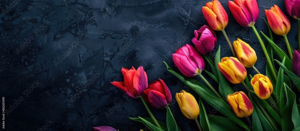 Aufkleber colorful tulip flowers on a dark background top view with copy space image.