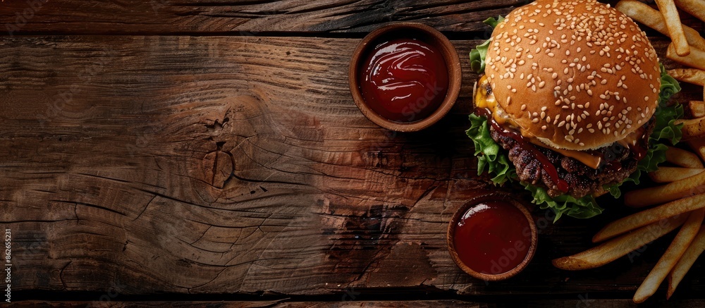 Poster Top-down shot of a tasty burger with beef, ketchup, and fries on a wooden surface, allowing for text in the image. Copy space image. Place for adding text and design