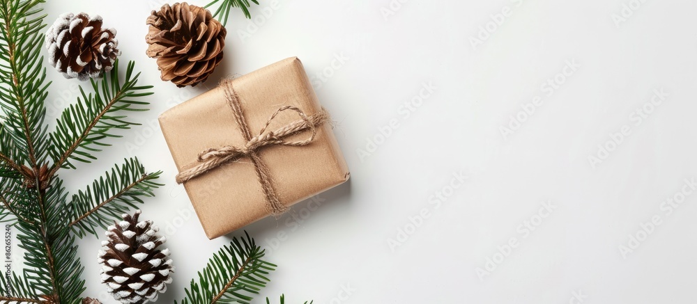 Aufkleber christmas-themed background featuring a gift box, pine branch, and cone on a white backdrop. top vie