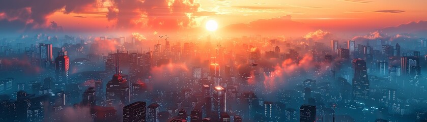 Obraz premium A vibrant cityscape bathed in the warm glow of sunrise.