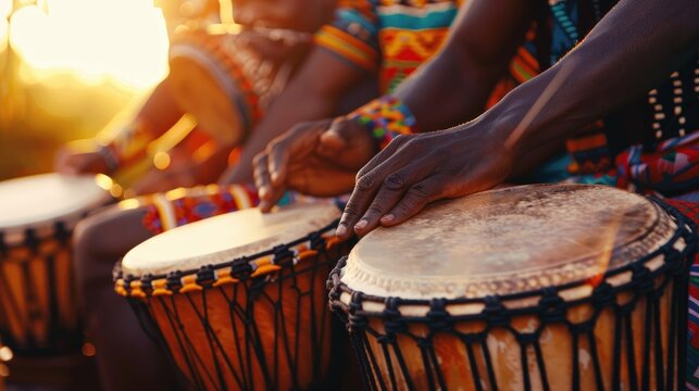 A close-up of African drummers playing traditional instruments during a sunset performance