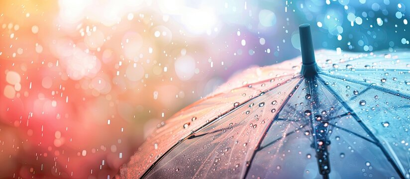 Transparent umbrella with water droplets in rainy weather, featured in a copy space image.