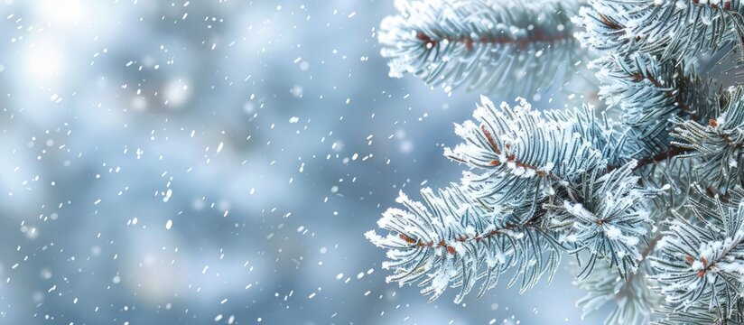 Closeup of a snow-covered pine branch in winter scenery with a blank space for adding images to the scene. Copy space image. Place for adding text and design - Powered by Adobe