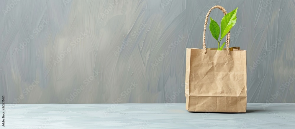 Poster gray background with copy space image featuring an eco shopping bag. promotes environmental protecti