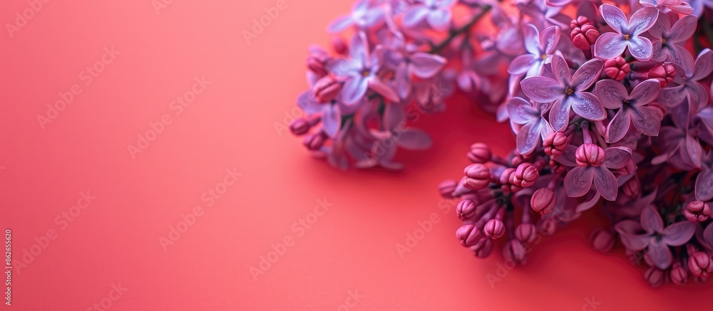 Poster macro shot of lilac flowers on a floral magenta backdrop, featuring soft focus and space for text or