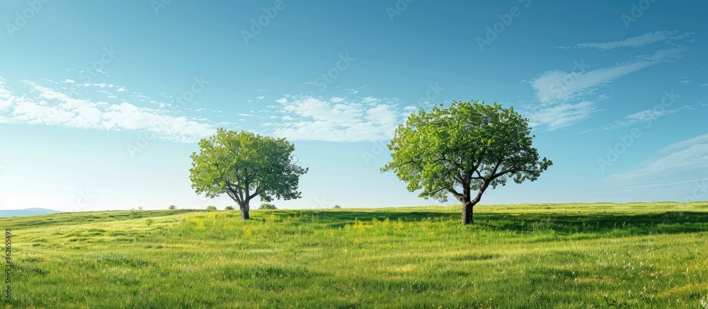 Aufkleber scenic view of a green summer landscape with a couple of trees in a lush meadow under a clear blue s