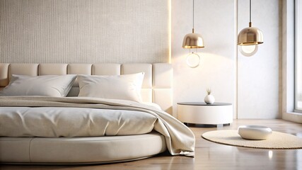 Elegant Minimalistic Bedroom with a Symmetrical Design. The bedroom exudes a sense of tranquility and simplicity, with a bed that features a white headboard and matching bedding. 