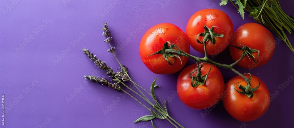 Poster Fresh vegetables including three vibrant red tomatoes and a sprig of lavender are displayed on a purple background with a copy space image, ready for cooking on the table.