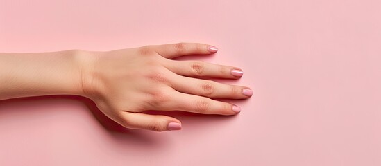 Fototapeta premium A woman's hand rests upturned on a soft pink backdrop with a blank area for an image. Copy space image. Place for adding text and design