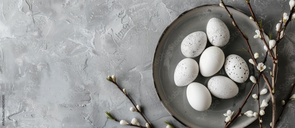 Poster Easter theme with small white eggs on plate against gray backdrop, adorned with willow branches for holiday touch, offering room for text in image. Copy space image. Place for adding text and design
