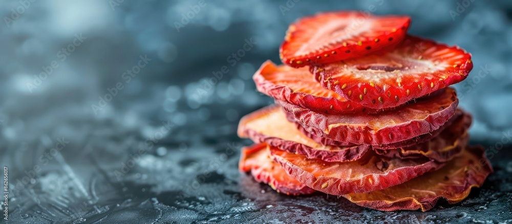 Poster Copy space image of a stack of dehydrated strawberry slices.
