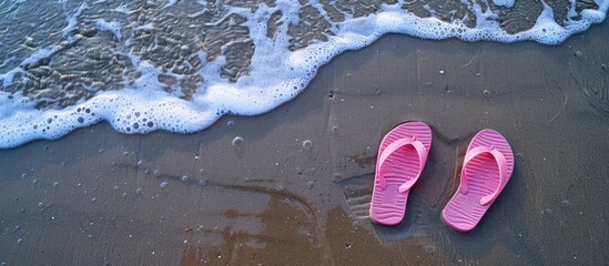 Obraz premium A fashionable pair of pink flip flops lies on the damp sand by the ocean, providing room for a copy space image.