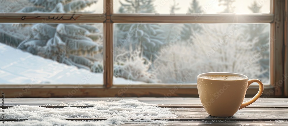 Aufkleber Scandinavian-style coffee cup placed by a large window with a view, ideal for copy space image.
