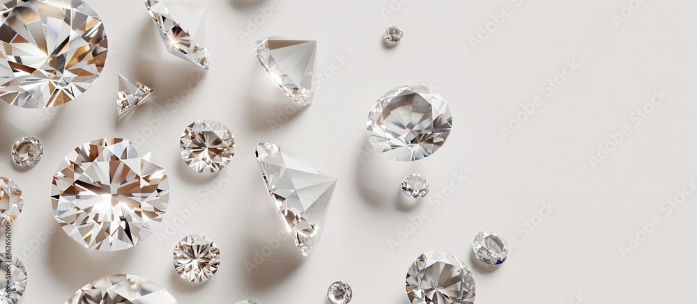 Poster flat lay of stunning shiny diamonds against a white backdrop with copy space image available.