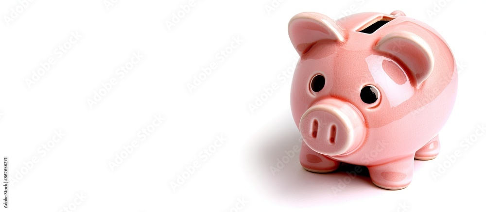 Poster A piggy bank displayed against a white background with ample copy space image.