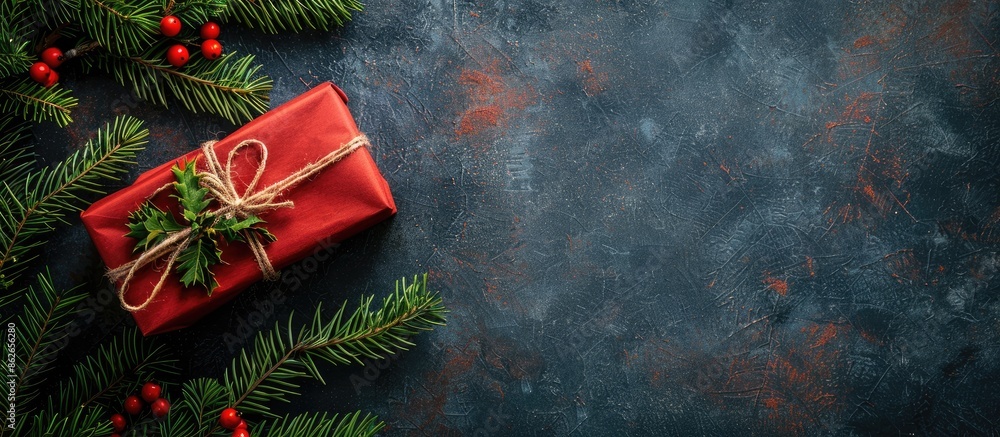 Aufkleber Red Christmas present and green fir branches arranged on a rustic background, ideal for a top view flat lay photograph with space for text or other images. Copy space image