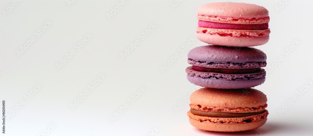 Poster three colorful macarons stacked on top of each other against a white backdrop with room for addition