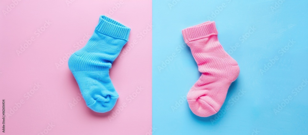 Poster baby gender guessing concept with socks on a blue and pink background in top view flat lay compositi