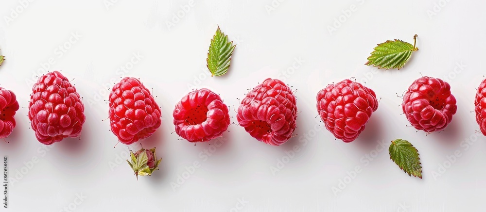 Poster a row of raspberries showcased on a white backdrop with copy space image.