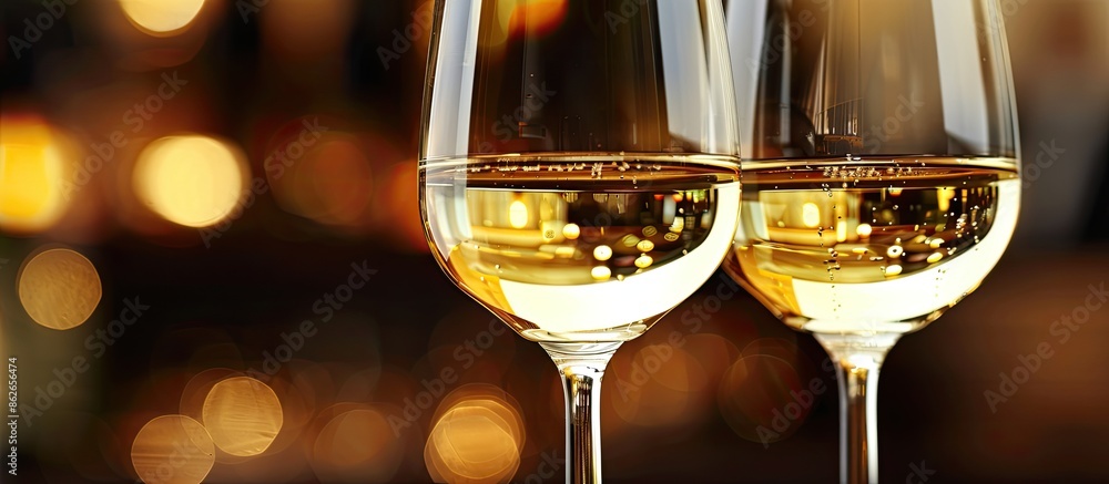 Leinwandbilder Two glasses of white wine on a blurry background with empty space for text or images. Copy space image. Place for adding text and design