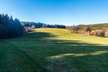 Autumn bellow Lysa hora hill in Moravskoslezske Beskydy mountains