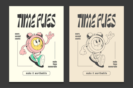 retro 30s design with an alarm clock mascot cartoon character, vector illustration