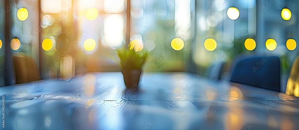 Poster blurry office background behind a table with copy space image.