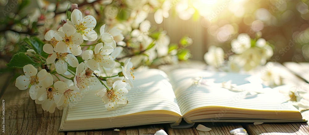 Fototapete close-up shot of spring on notebook with copy space image.