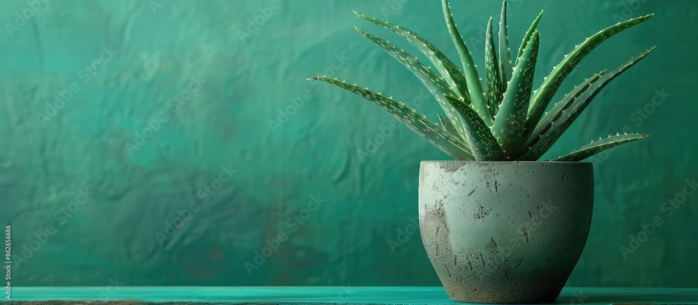Poster succulent aloe vera in a concrete pot on a vibrant backdrop with copy space image.